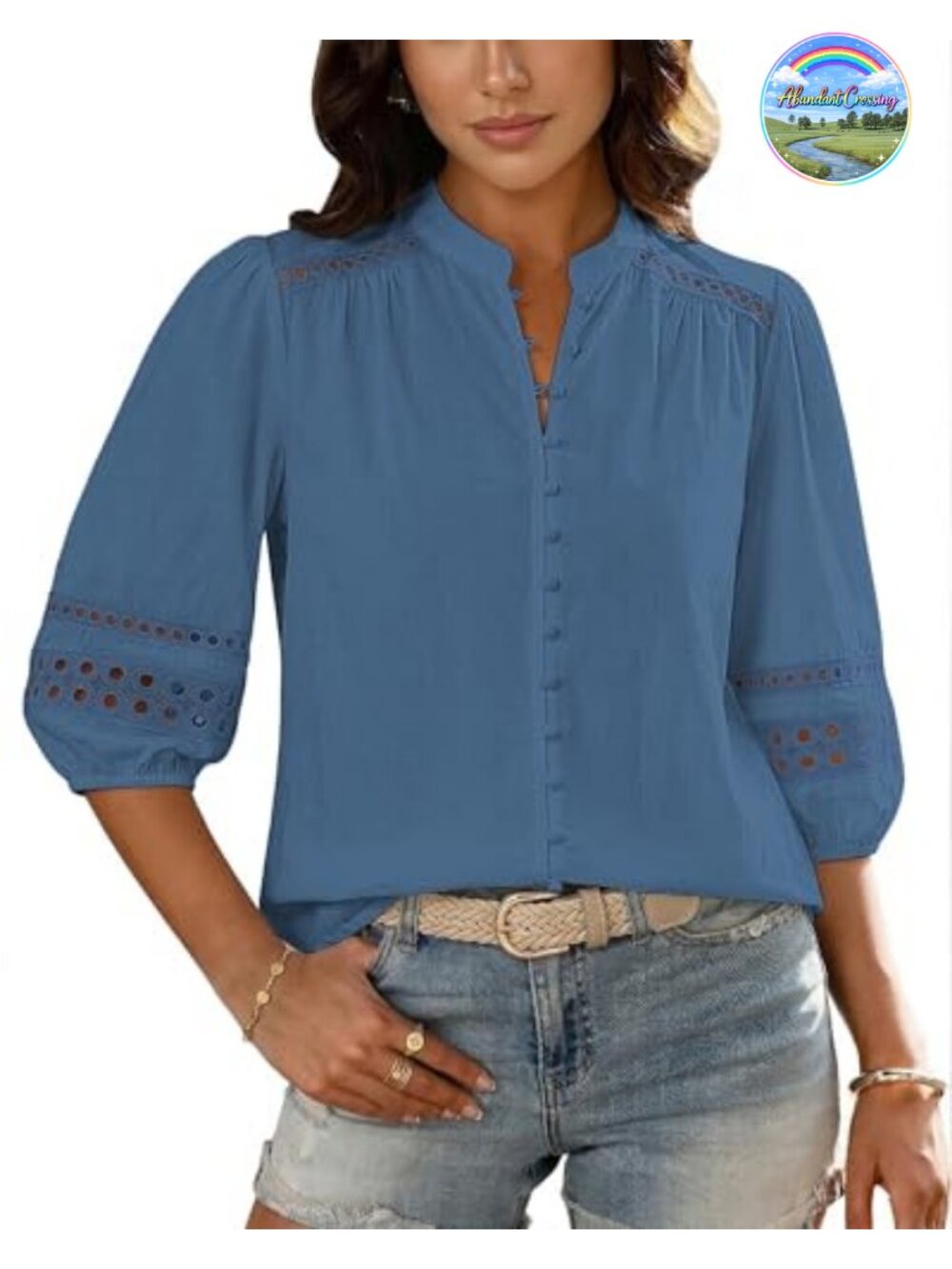 Women Cotton Eyelet Button Down Blouse 3/4 Puff Sleeve Mandarin Collar Top